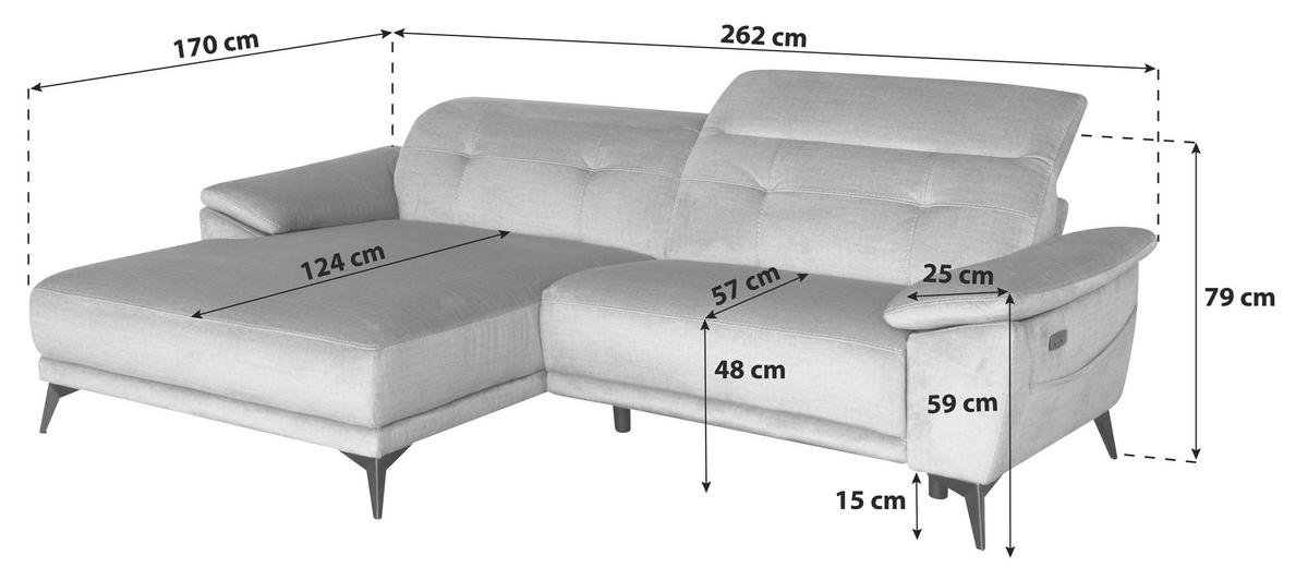 Ecksofa + Relaxfunktion Bonn Grau Leinenoptik 170x262 cm - Schwarz/Grau, MODERN, Holz/Textil (170/79/262cm)