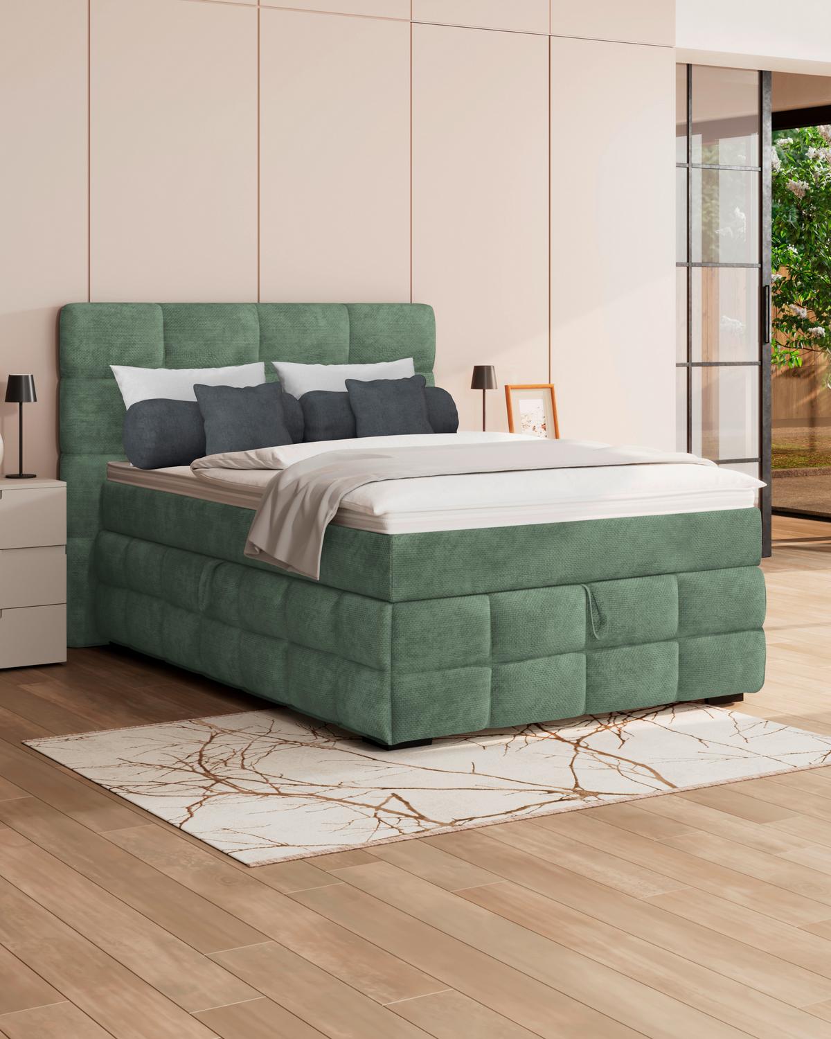 Čalúnená posteľ VEGA 140x200 cm, mätovozelená - čierna/zelená, Trend, drevo/textil (140/200cm)