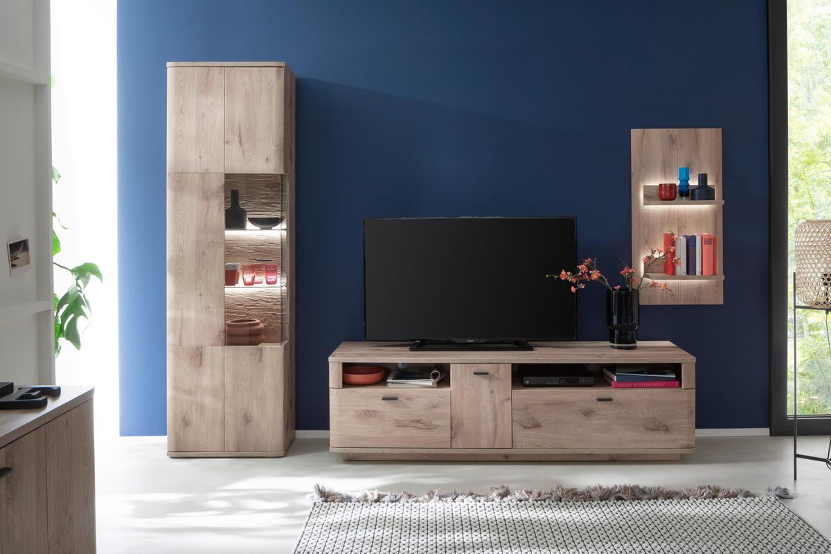 Wohnwand Prato Eiche Dekor B: 270 cm - Eichefarben, Design, Glas/Holzwerkstoff (270/199/50cm) - MID.YOU