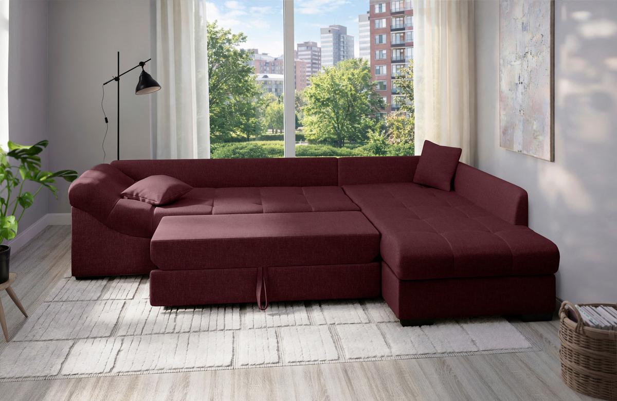 Eckschlafsofa Alvito Bordeaux S: 298x202 Cm - Bordeaux/Schwarz, MODERN, Textil (298/202cm) - MID.YOU