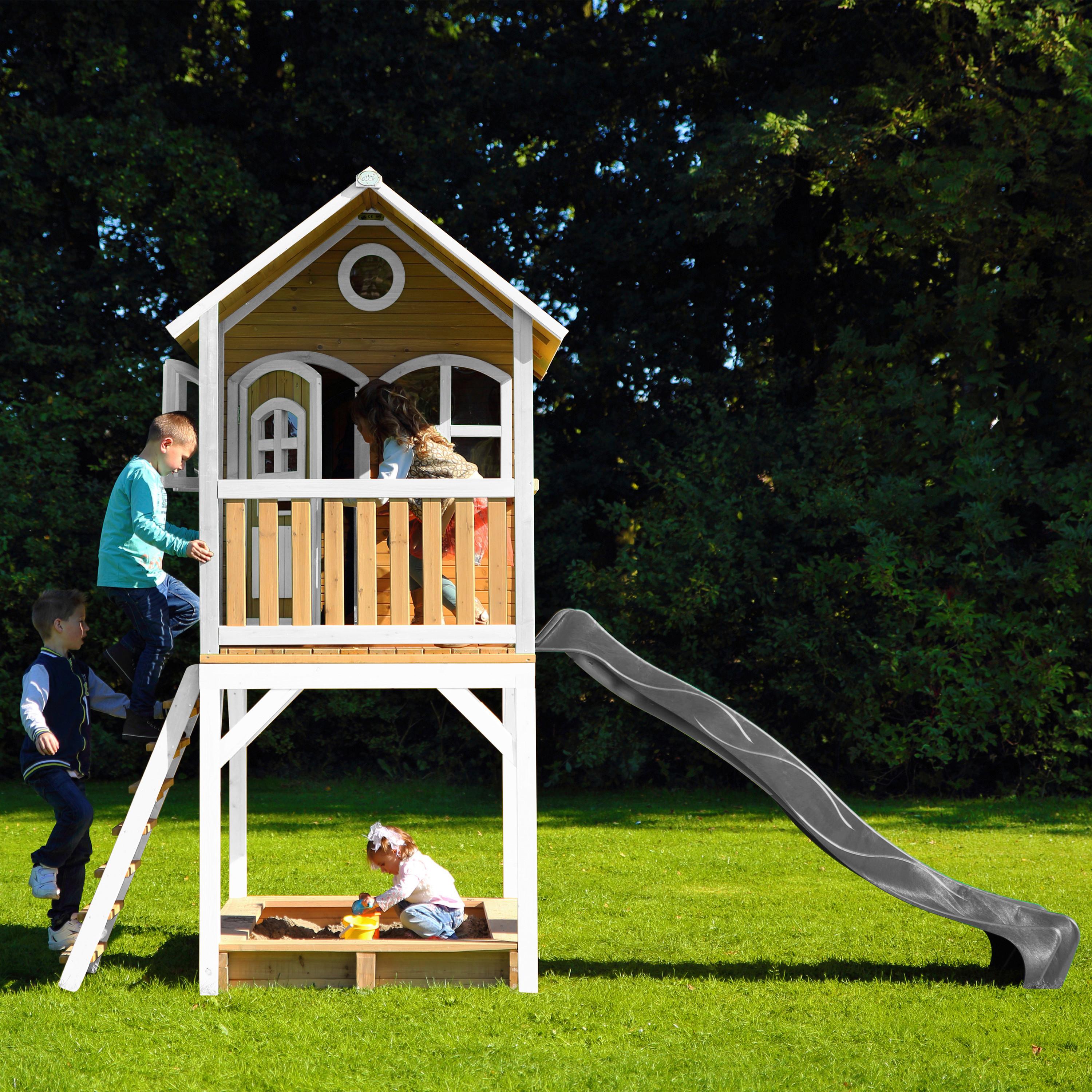 Spielhaus Sarah Braun/grau/weiß B: 370 Cm - Braun/Weiß, KONVENTIONELL, Holz/Kunststoff (370/291/191cm) - Ambia Garden