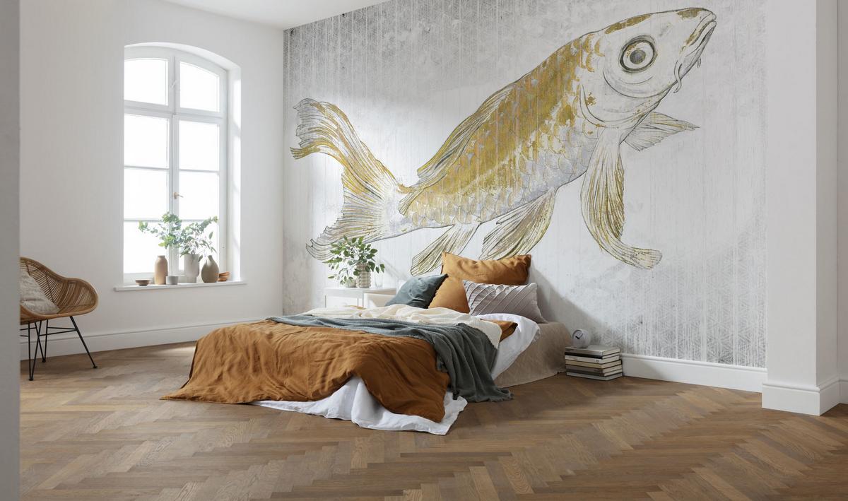 Fototapete Rsx8-049 Golden Koi - Goldfarben/Weiß, Trend (400/280cm)