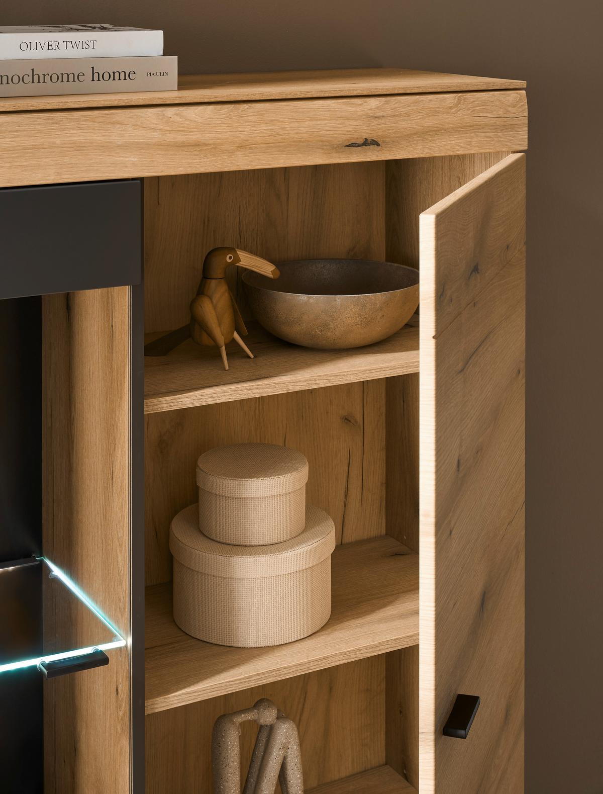 Vitrine Soleto Graphit-/Eichefarben B: 90cm - Eichefarben/Schwarz, Design, Glas/Holzwerkstoff (90/141/35cm) - MID.YOU