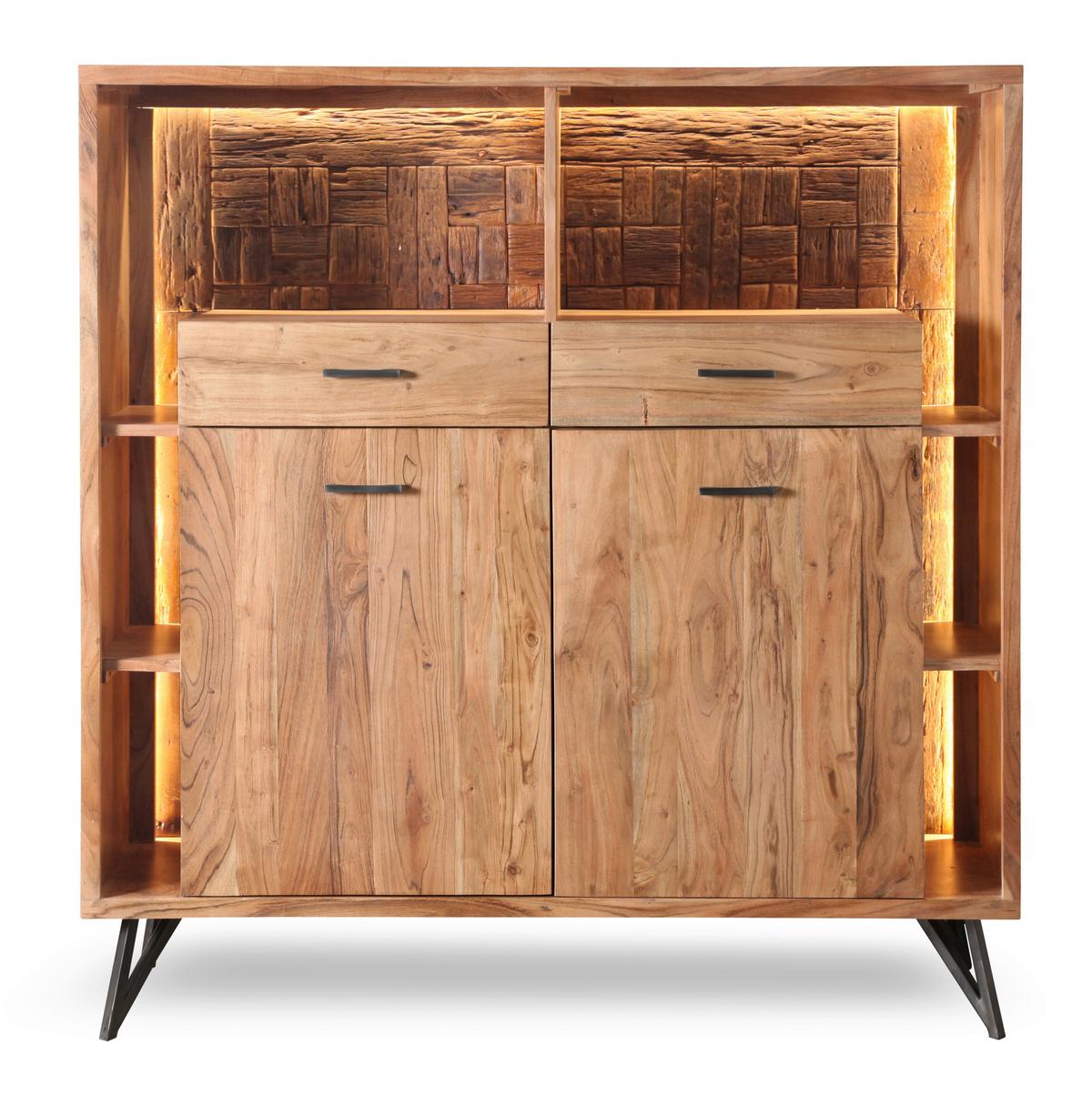 Highboard Indira Akazie Massiv, B: 145 cm - Schwarz/Akaziefarben, ROMANTIK / LANDHAUS, Holz/Metall (145/150/40cm)