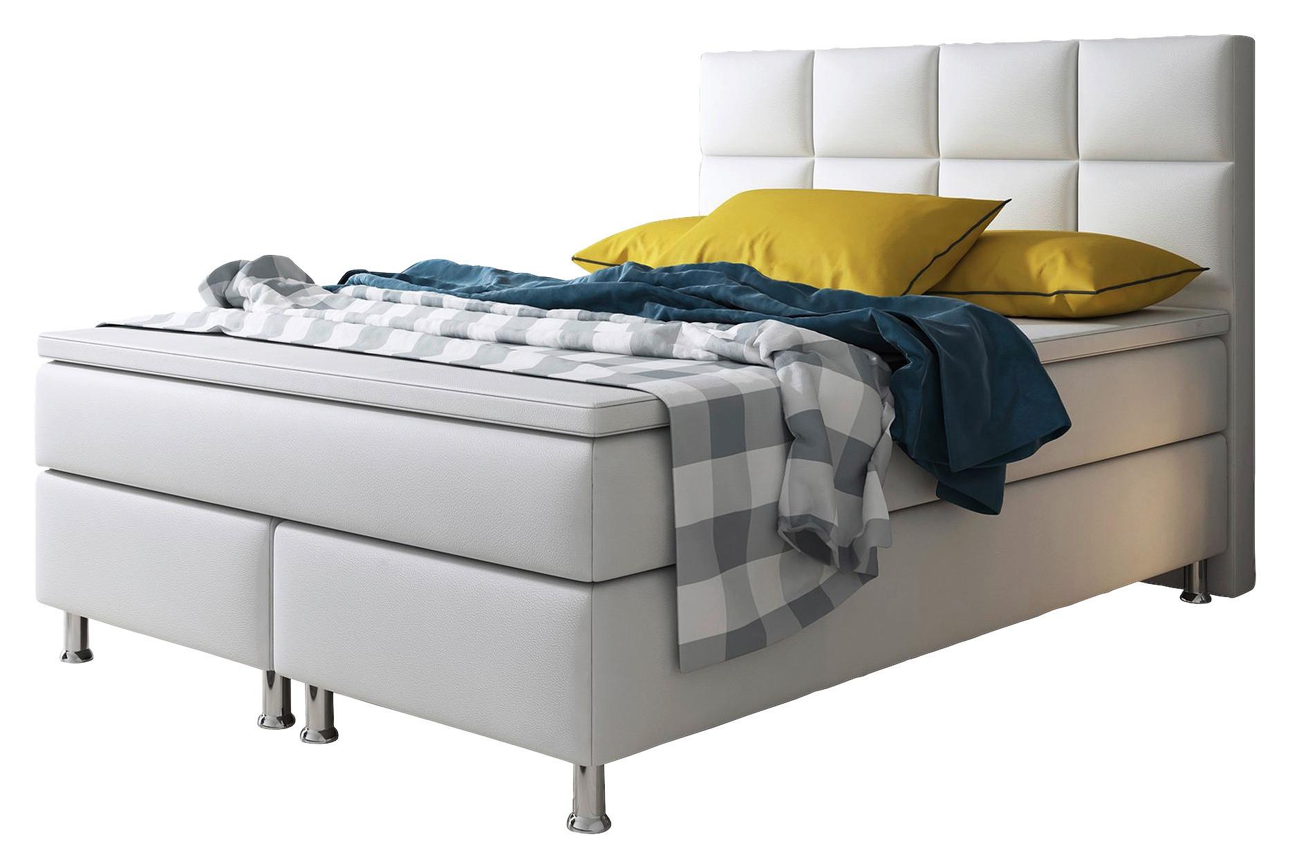 Boxspringbett Mit Topper Lederlook 140x210 Miami-F - Silberfarben/Weiß, KONVENTIONELL, Leder/Textil (140/115/210cm) - MID.YOU