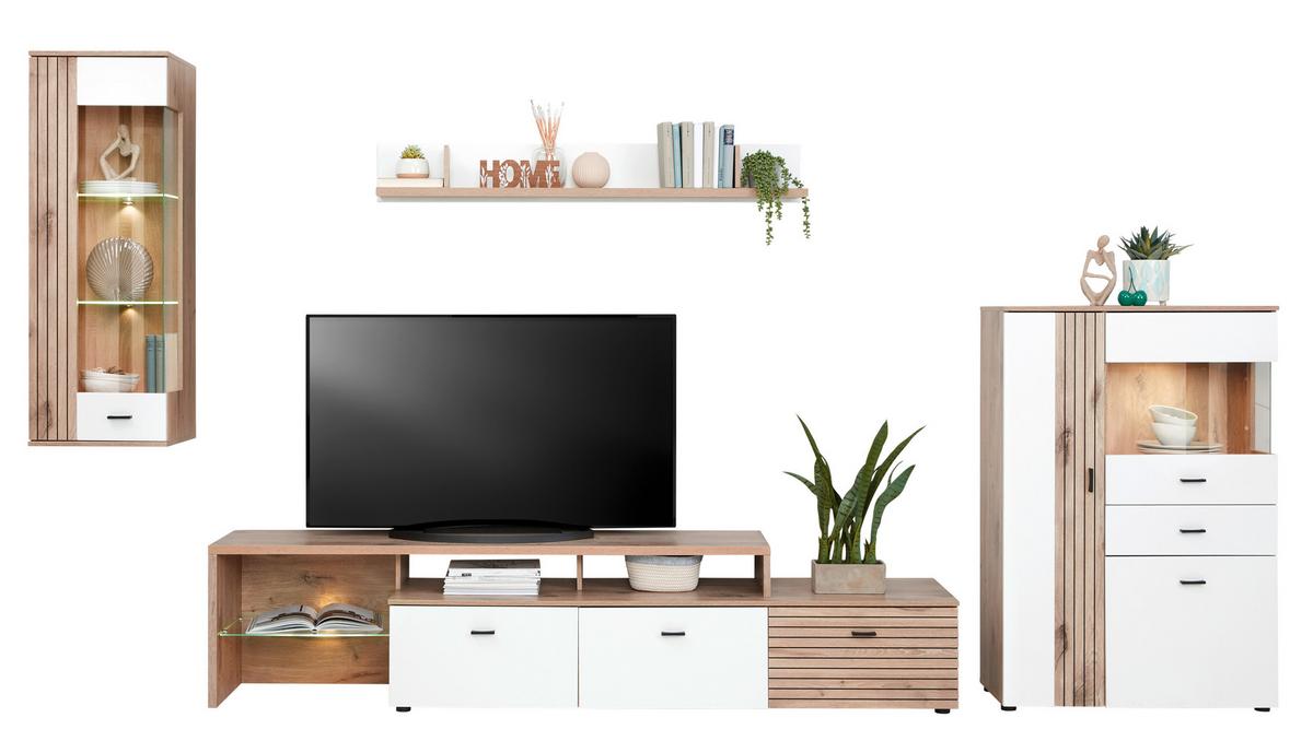 Tv-lowboard Liverpool B: 239 Cm Weiß/eichefarben - Eichefarben/Schwarz, MODERN, Glas/Holzwerkstoff (239/52/44cm)