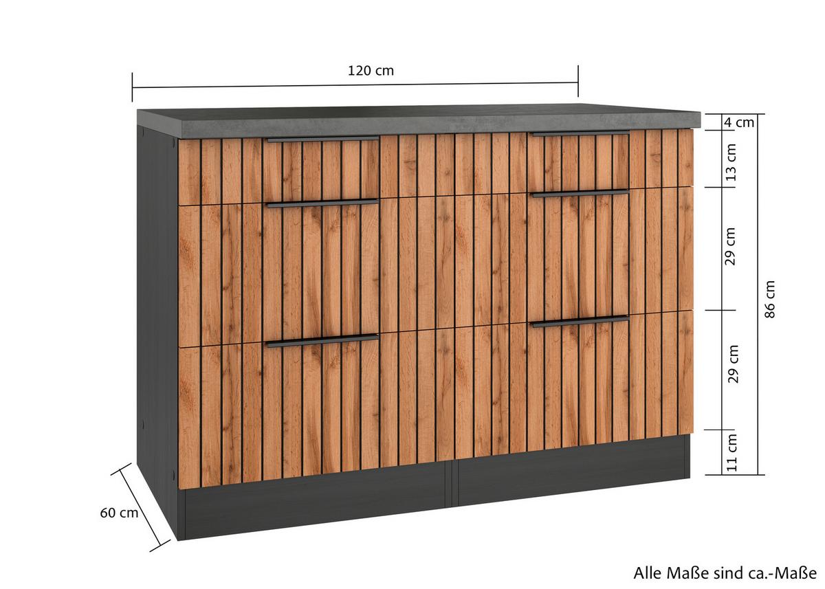 Schubkastenunterschrank Liverpool Graphit/wotanb:120cm - Schieferfarben/Eiche Wotan, Basics, Holzwerkstoff (120/85/60cm) - Held