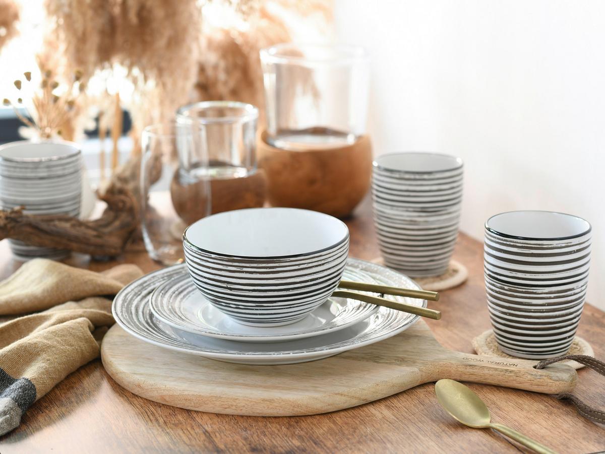 Kombiservice Gomera Keramik 4 Personen Geschirr Set - Schwarz/Weiß, Basics, Keramik - Creatable