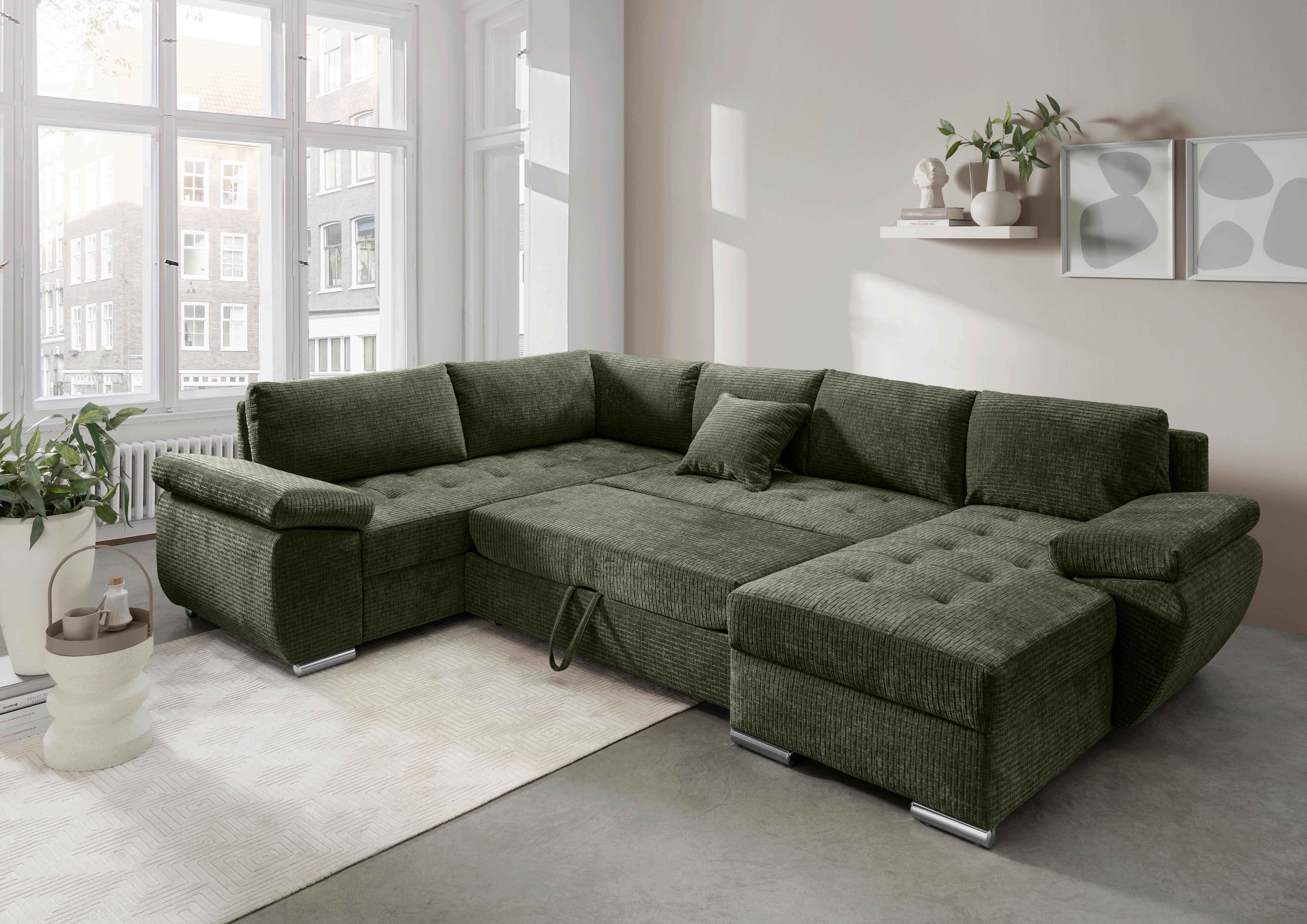 Wohnlandschaft Terana Olivgrün mit Schlaffunktion, Mikrofaser - Chromfarben/Olivgrün, KONVENTIONELL, Textil (219/305/157cm) - Livetastic