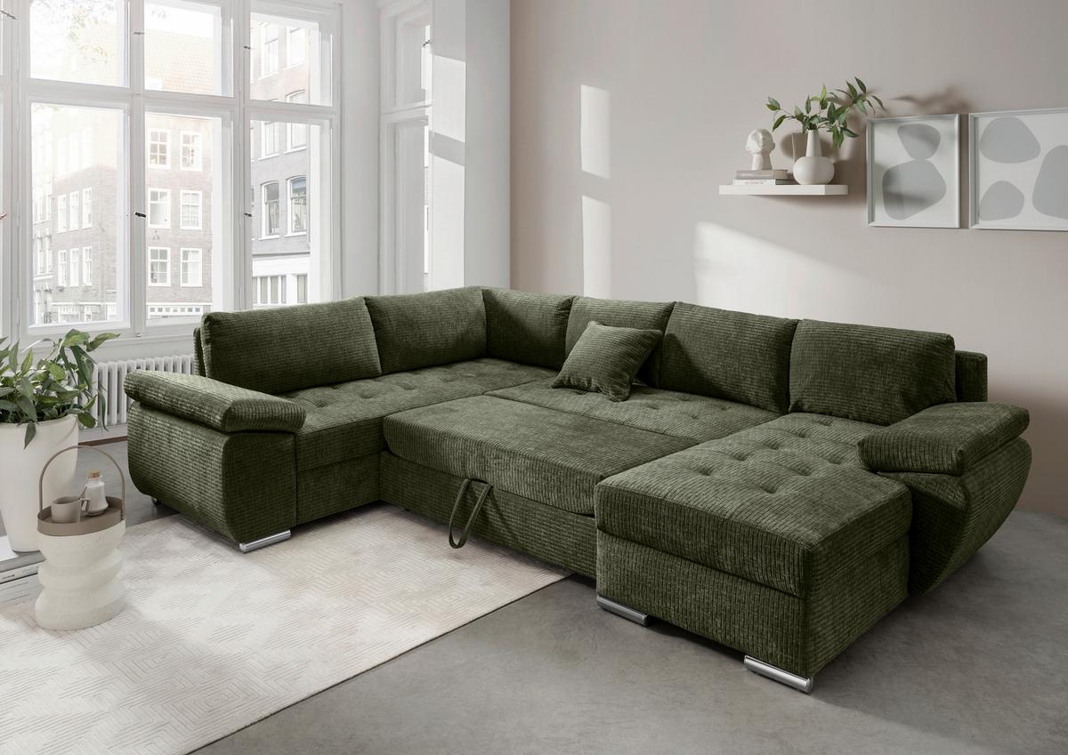 Wohnlandschaft Terana Olivgrün mit Schlaffunktion, Mikrofaser - Chromfarben/Olivgrün, KONVENTIONELL, Textil (219/305/157cm) - Livetastic