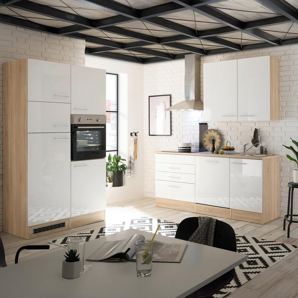 Küchenzeile Laurel mit Geräten 310 cm Weiß/Eiche Dekor