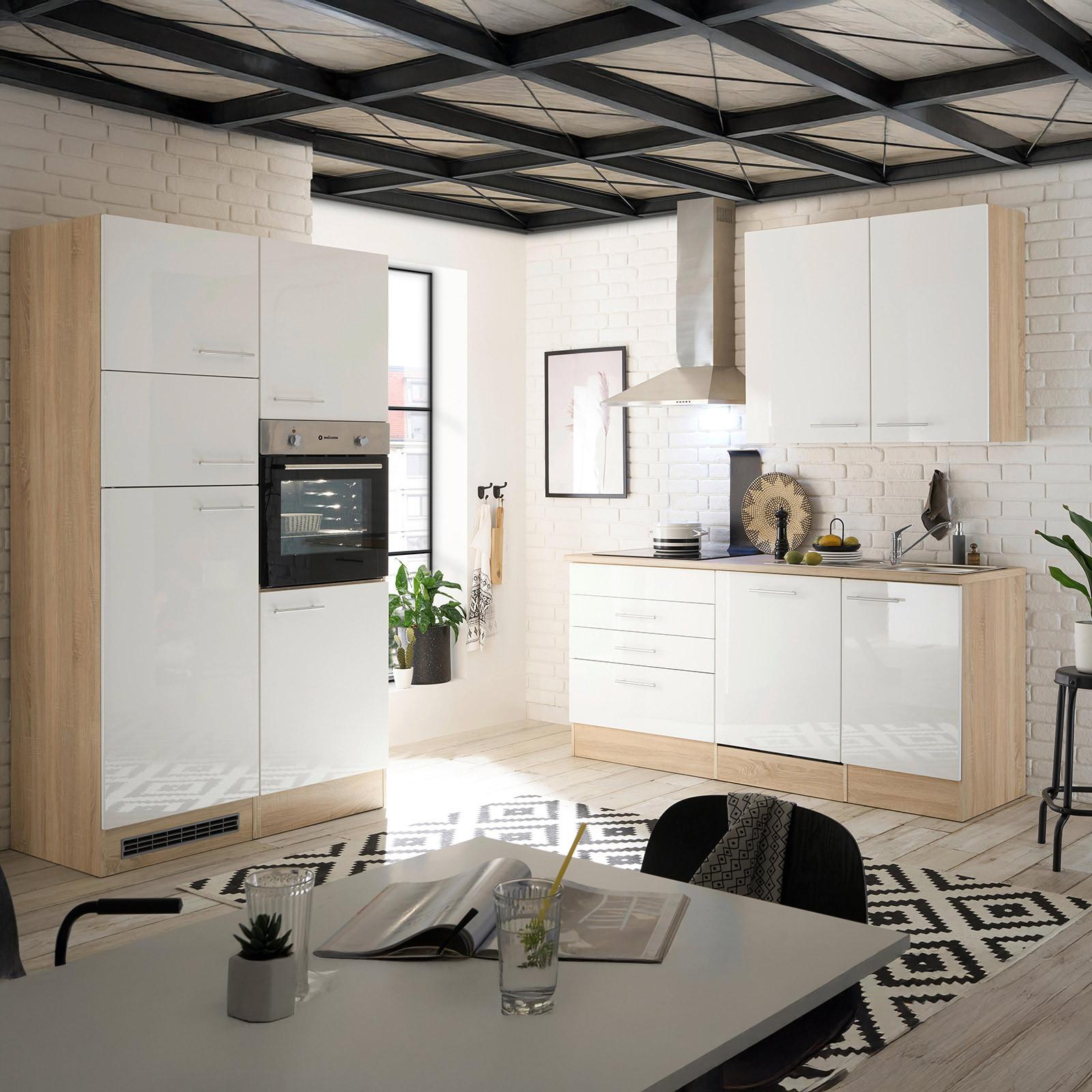 Küchenzeile Laurel Ohne Geräte 310 Cm Eiche/weiß Hochglanz