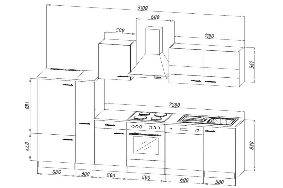 Küchenzeile Economy mit Geräten 310 cm Weiß/Nussbaum Dekor - Nussbaumfarben/Weiß, Basics, Holzwerkstoff (310cm) - Respekta