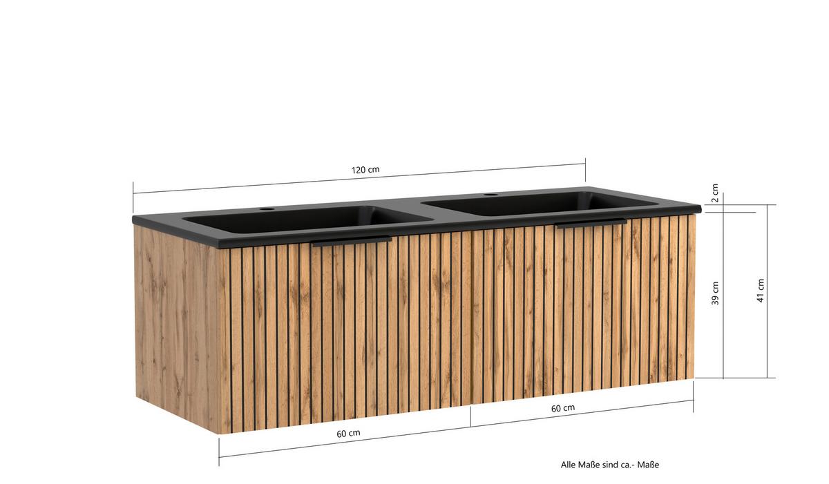 Waschbecken mit Unterschrank Chester B: 120 cm - Eiche Wotan/Schwarz, MODERN, Holzwerkstoff/Stein (120cm) - Held