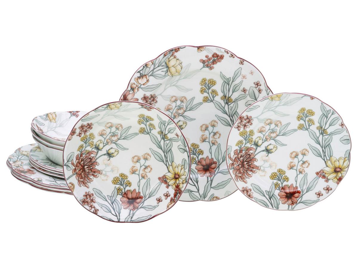 Tafelservice Fiore 12--Teilig., Weiß, Bordeaux - Bordeaux/Weiß, Basics, Keramik - Creatable