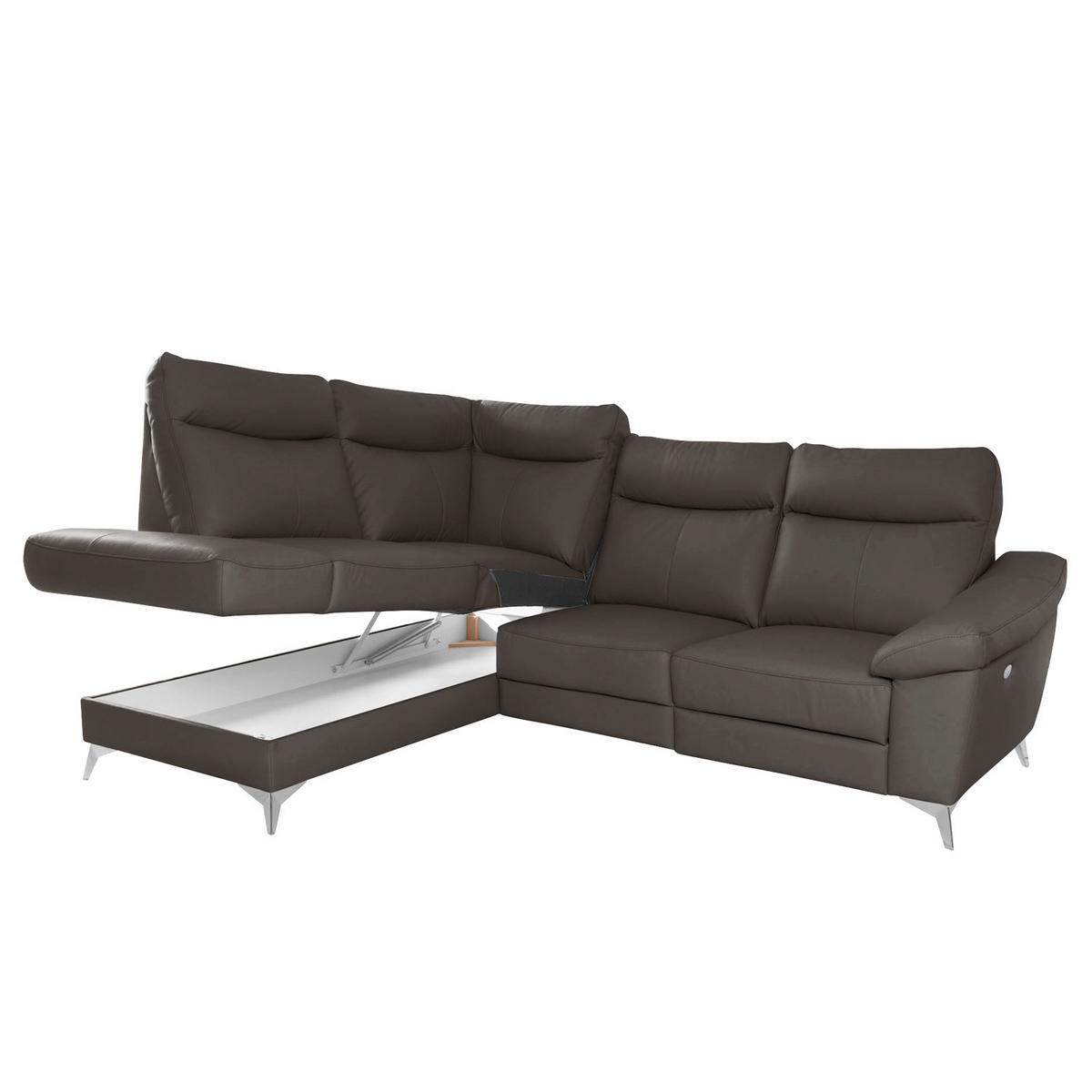 Ecksofa Luna Teilleder Dunkelbraun 194x242 - Chromfarben/Dunkelbraun, Design, Leder/Textil (194/242cm) - Livetastic