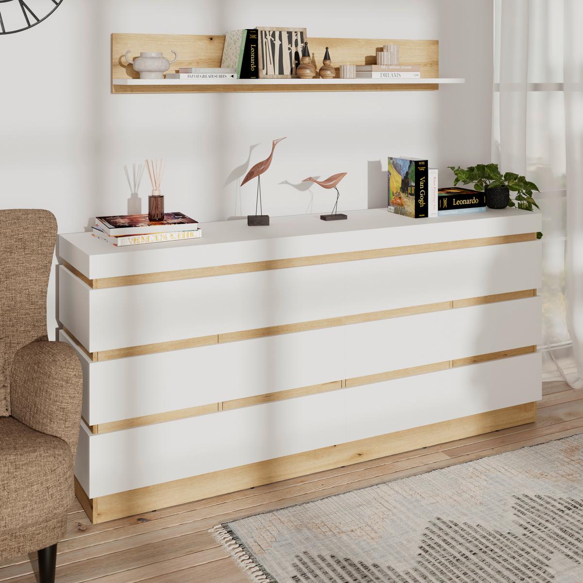 Sideboard Calabria Weiß/Eiche Dekor B: 201,2 cm - Eichefarben/Weiß, Trend, Holzwerkstoff (201,2/92,5/45cm)