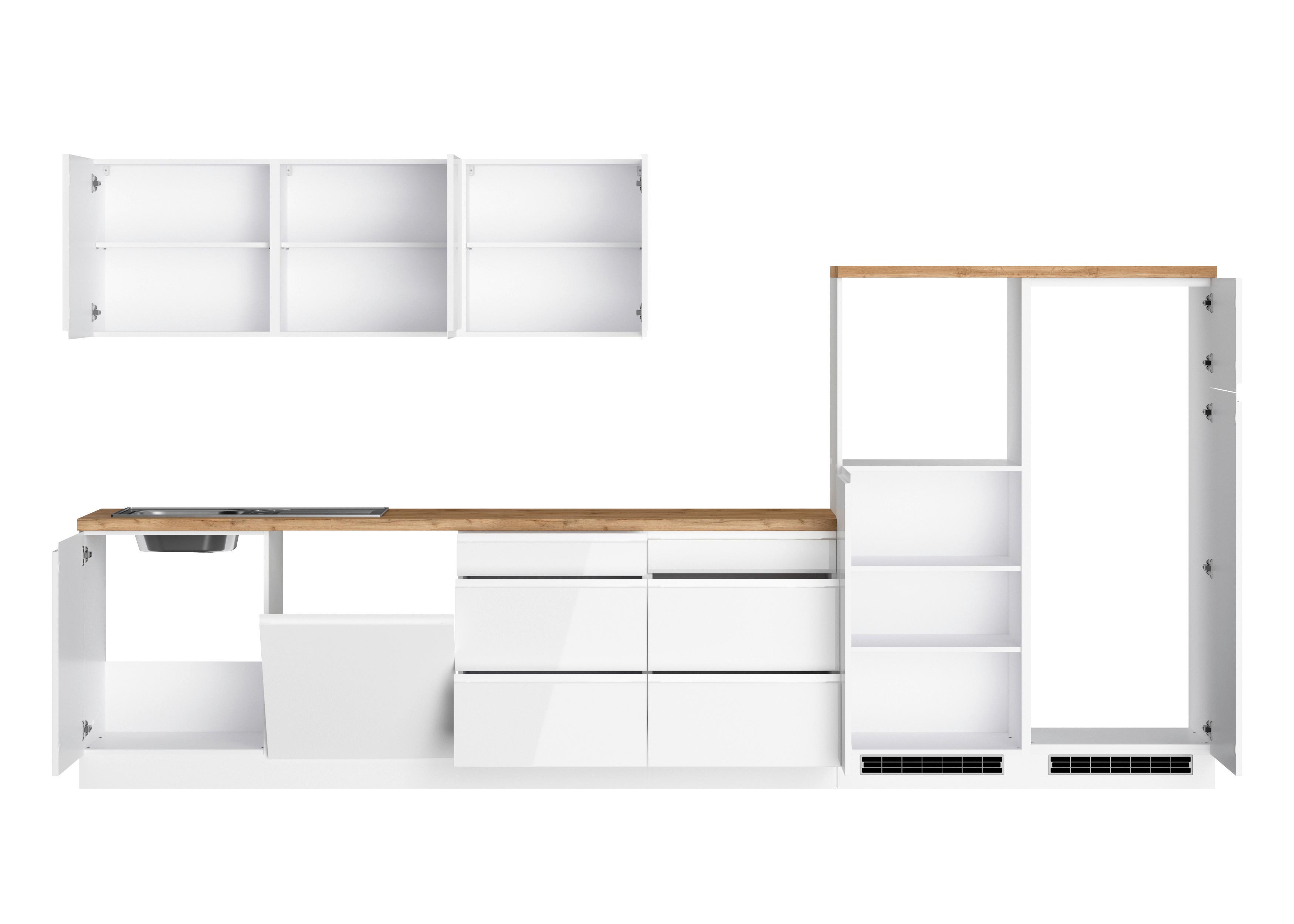 Küchenzeile Monza ohne Geräte B: 360 cm Weiß/Eiche Dekor - Weiß Hochglanz/Eiche Wotan, LIFESTYLE, Holzwerkstoff (360cm) - Held