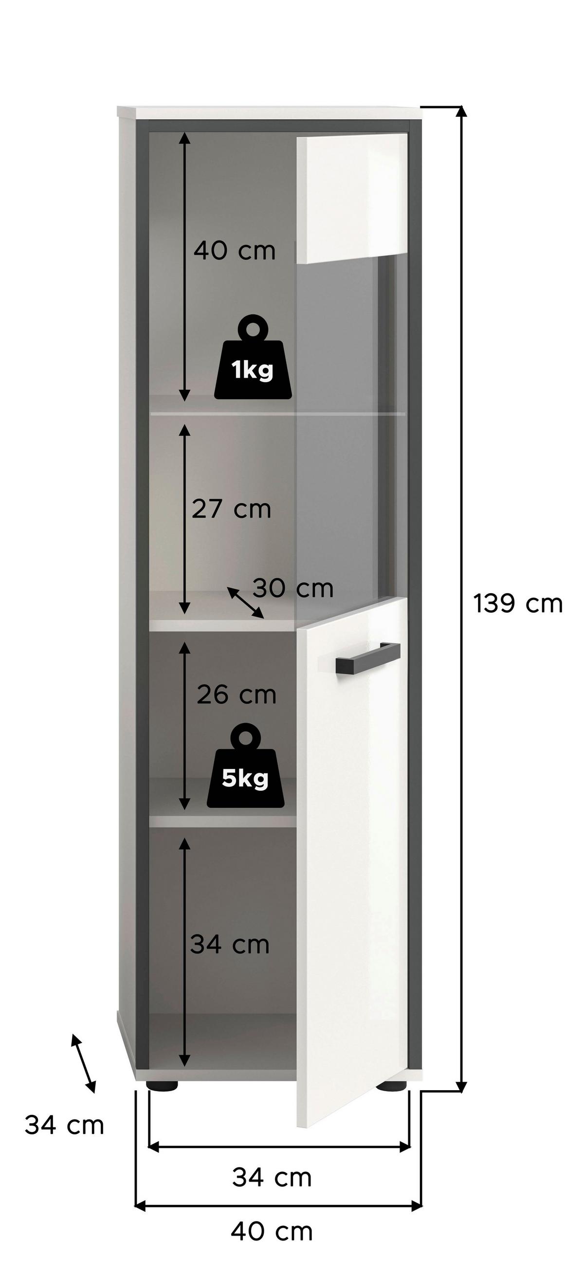 Midischrank Kojak, Weiß Hochglanz B: 40 Cm - Weiß Hochglanz/Schwarz, MODERN, Glas/Holzwerkstoff (40/139/34cm) - MID.YOU