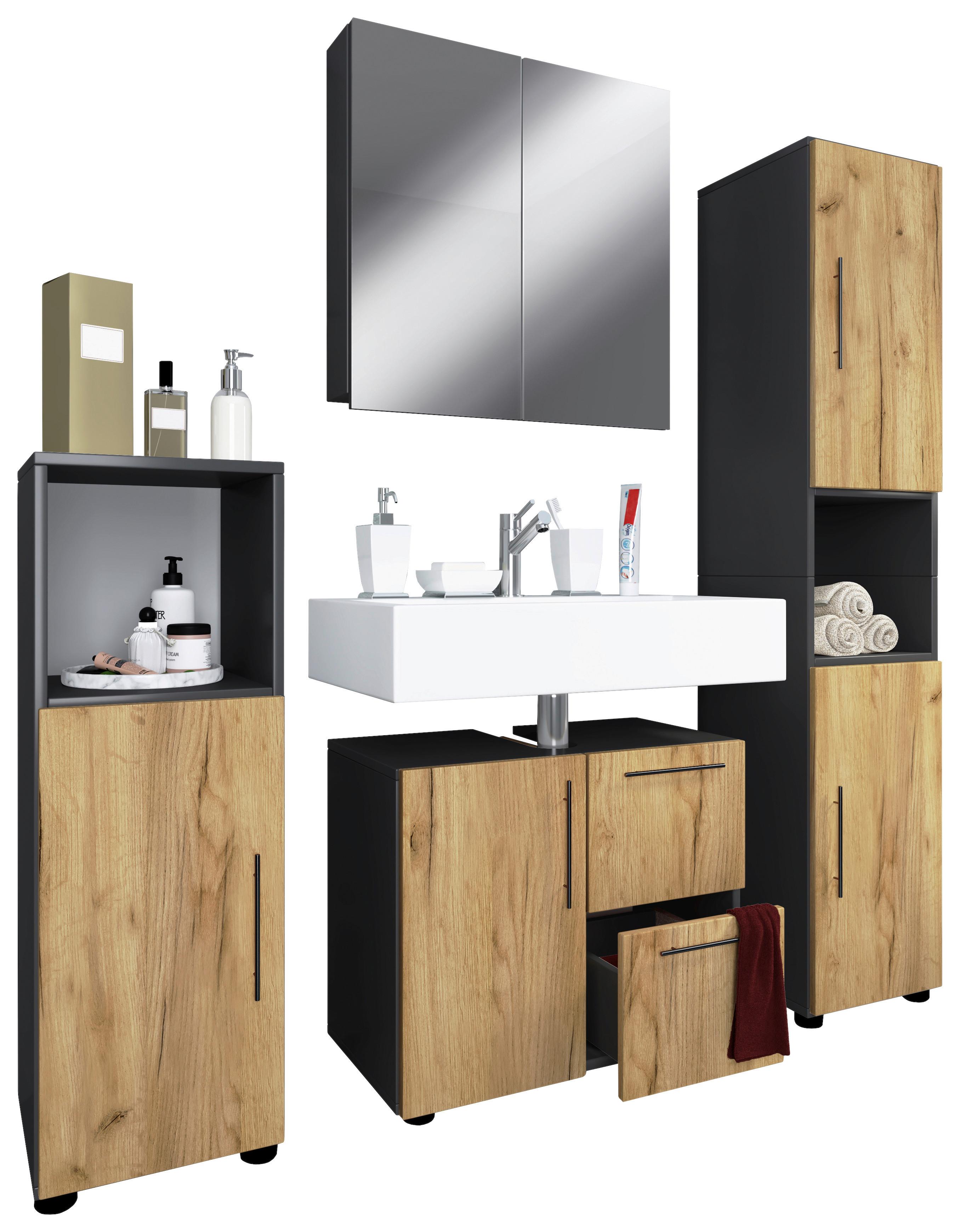 Badmöbel-Set 4-Tlg. Flandu 123 cm Eiche Dekor - Honigeiche/Anthrazit, MODERN, Holzwerkstoff (123cm) - MID.YOU