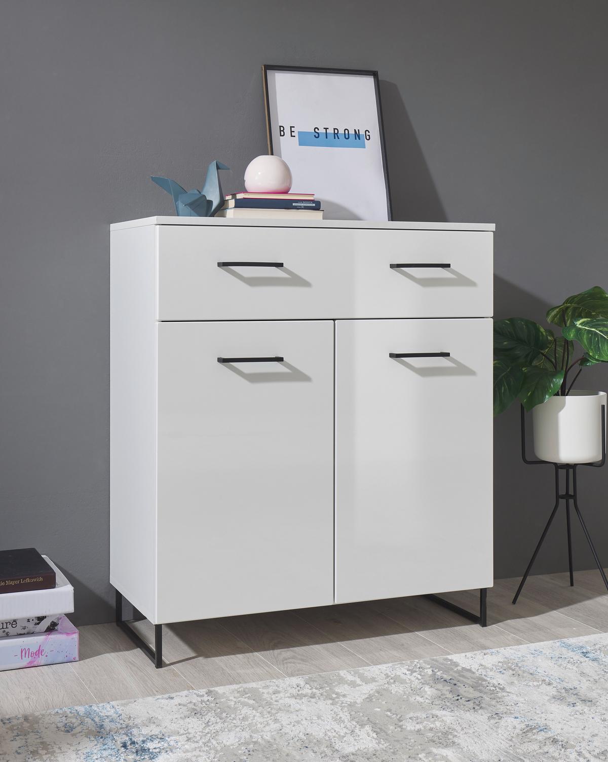 Kommode 80 cm Lecce, Weiß - Weiß Hochglanz/Schwarz, LIFESTYLE, Holzwerkstoff (80/93/40cm) - MID.YOU