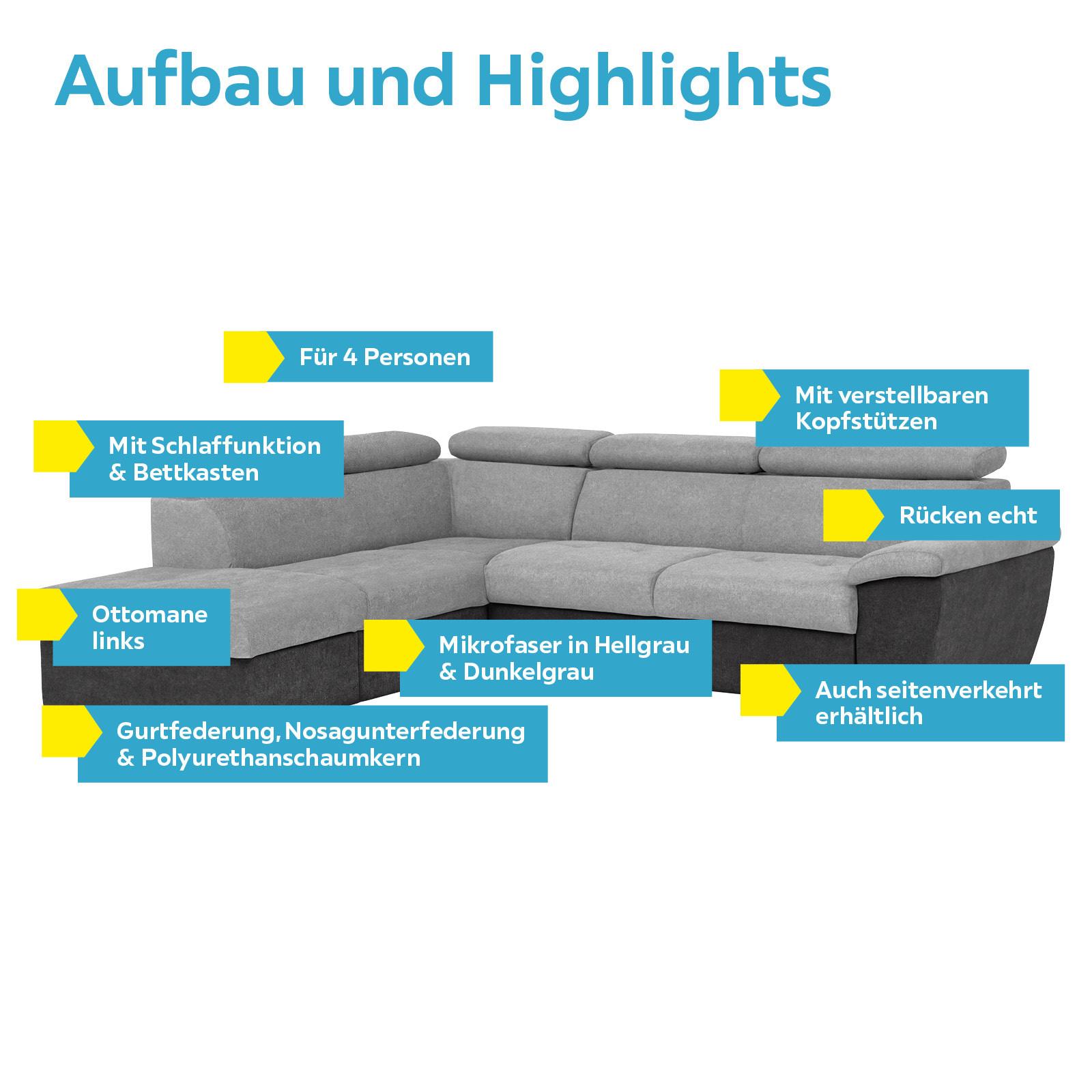 Schlichtes Ecksofa in Grau mit Armlehne und Kopfteilen