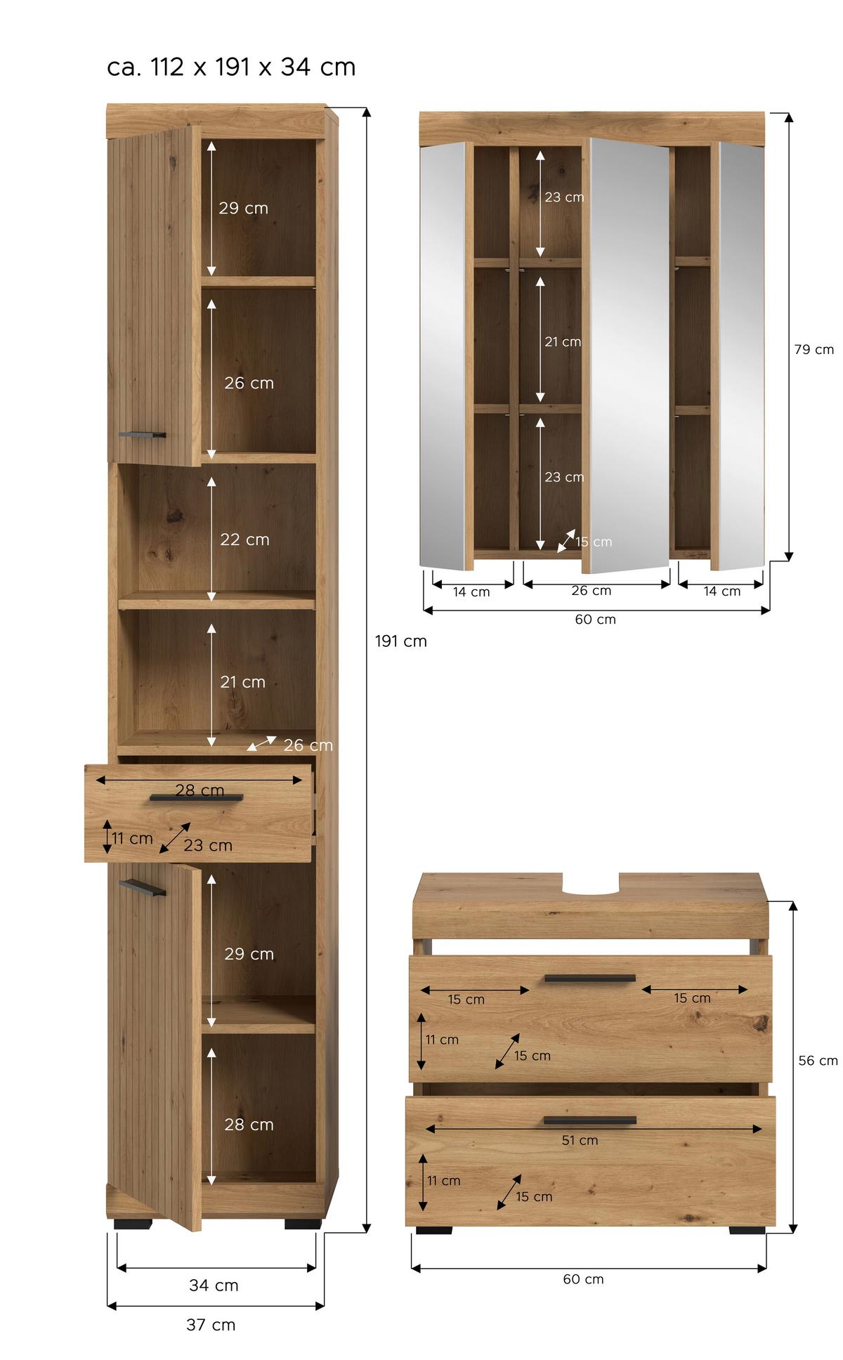 Badezimmer Scout Eiche Artisan Dekor B: 97cm - Schwarz/Eiche Artisan, Trend, Glas/Holzwerkstoff (97cm) - MID.YOU