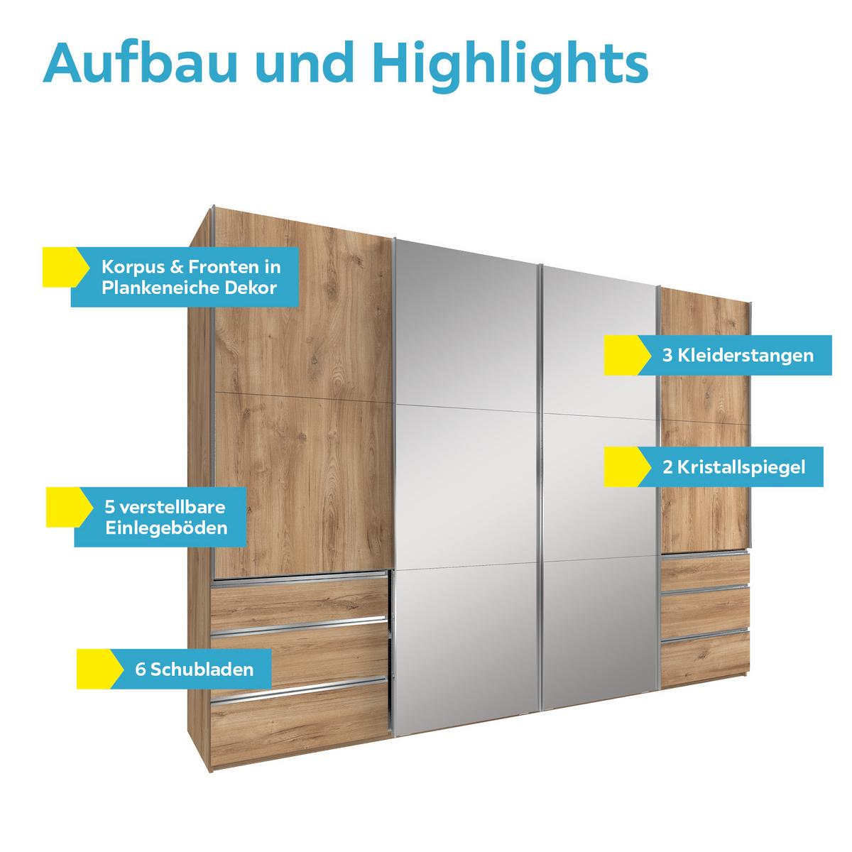 Schwebetürenschrank M. Spiegel + Laden 300cm Level 36a, Eiche - Eichefarben, MODERN, Glas/Holzwerkstoff (300/216/65cm) - Livetastic