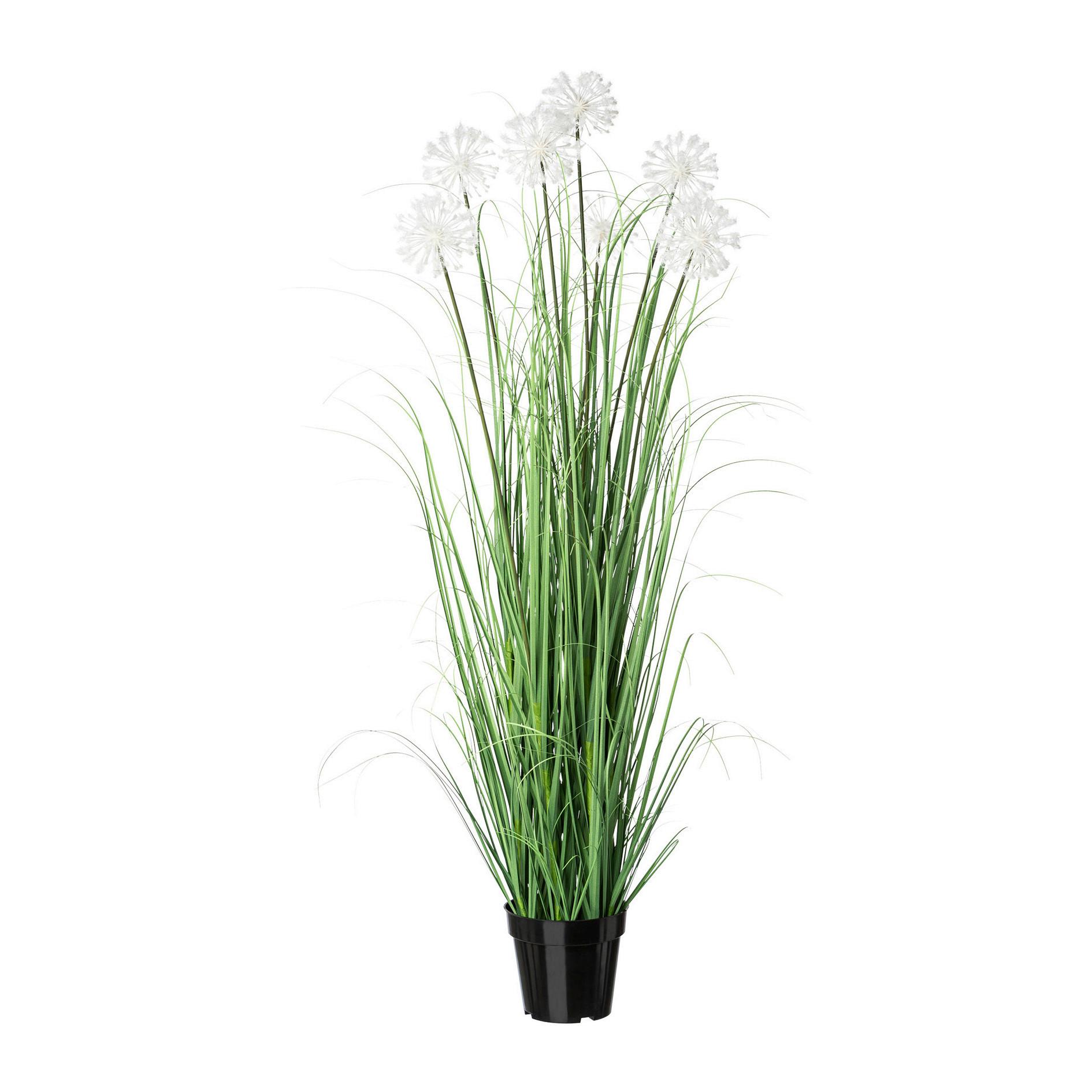 Kunstpflanze Gras mit Weiße Blüten H: 128 cm mit Topf - Schwarz/Weiß, MODERN, Kunststoff (128cm) - P & B
