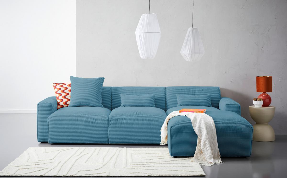 Ecksofa mit Zierkissen Pearl Hellblau 303x196 cm - Schwarz/Hellblau, Design, Textil (303/196cm) - Livetastic