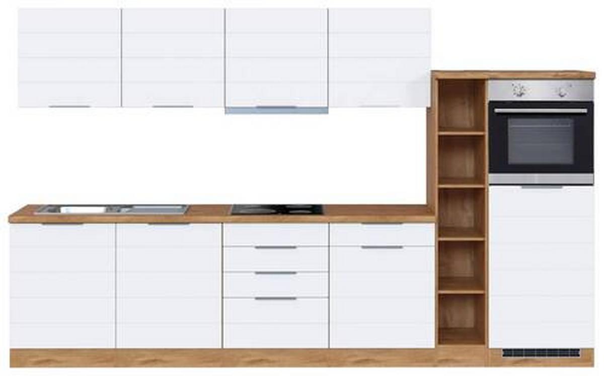 Küchenzeile Florenz mit Geräten 330 cm Weiß/Eichefarben - Eiche Wotan/Weiß, Design, Holzwerkstoff (330cm) - Held