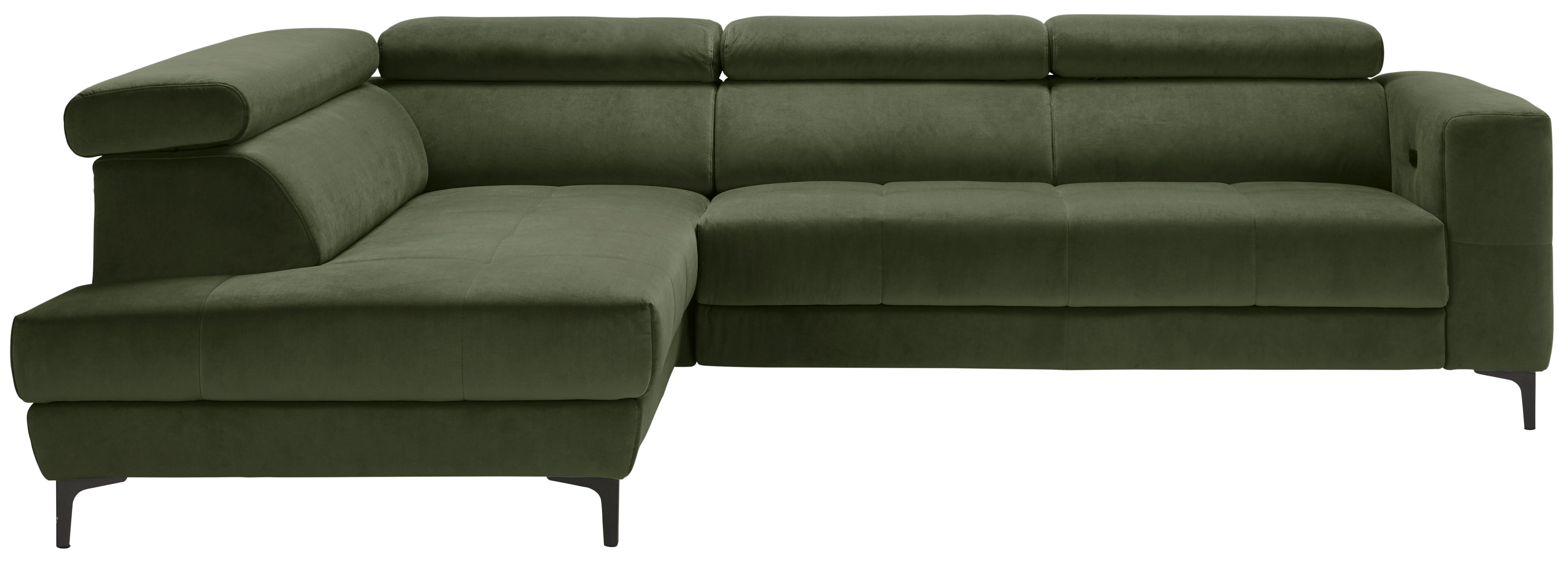 Rohová sedačka EMMA, levá, oliv.zel.,op.hl.,USB,el.výsuv - černá/olivově zelená, Moderní, textil (210/301cm) - Premium Living
