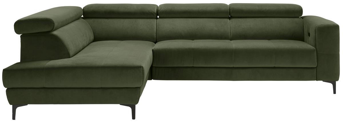Rohová sedačka EMMA, ľavá, oliv.zel.,op.hl.,USB,el.výsuv - olivovozelená/čierna, Modern, textil (210/301cm) - Premium Living