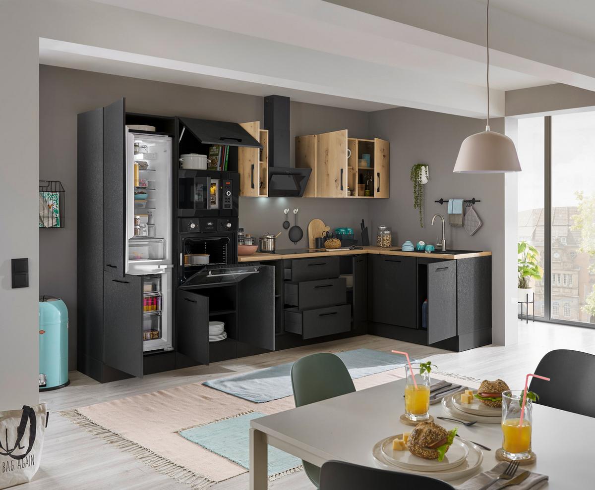 Eckküche Turin Schwarz/Eiche Dekor 340x175 cm - Schwarz/Eiche Artisan, Basics, Holzwerkstoff (340/175cm) - MID.YOU