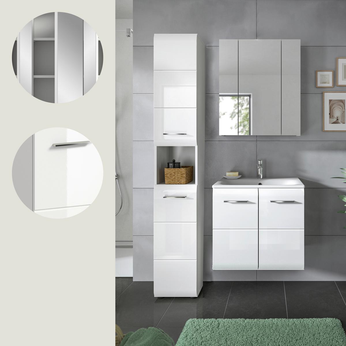 Badezimmer Ice Weiß/weiß Hg 3--Teilig - Weiß Hochglanz/Schwarz, MODERN, Keramik/Holzwerkstoff (90/185/46cm) - MID.YOU