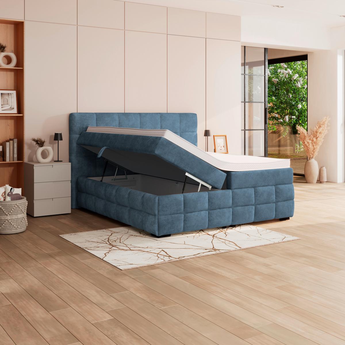 Čalouněná postel VEGA 180x200 cm, modrá - modrá/černá, Trend, dřevo/textil (180/200cm)