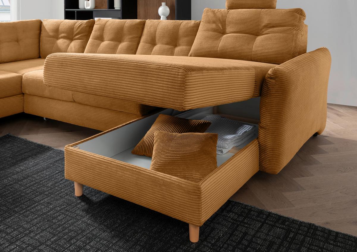 Wohnlandschaft Brizzini mit Schlaffunktion, Goldfarben - Goldfarben/Naturfarben, MODERN, Textil (206/338-352/176cm) - Livetastic