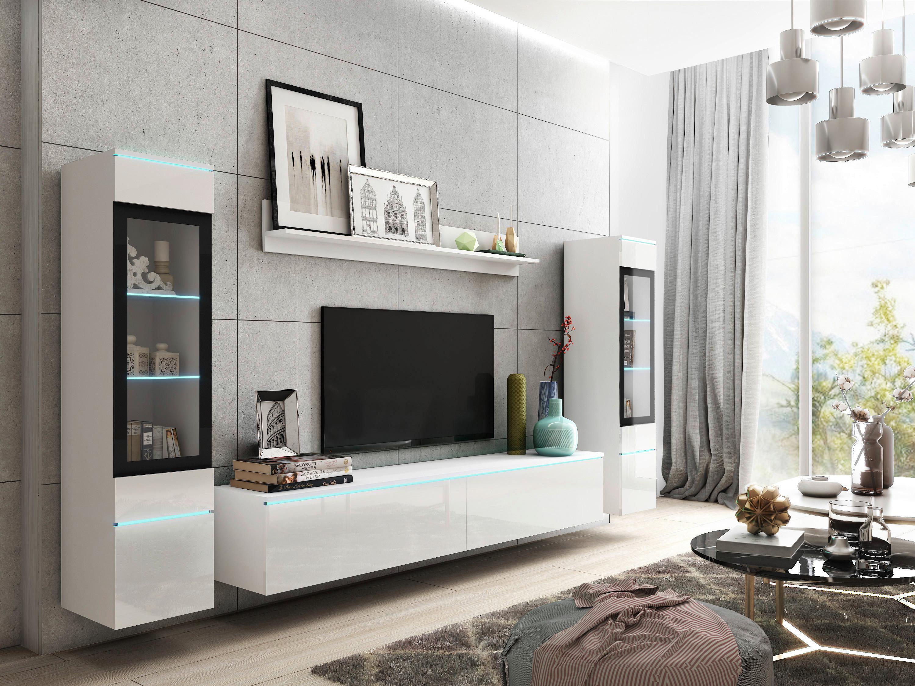 Wohnkombination Modern 4-Tlg. mit Led Vera Weiß Hochglanz - Weiß Hochglanz/Weiß, LIFESTYLE, Glas/Holzwerkstoff (240/130/33cm) - P & B