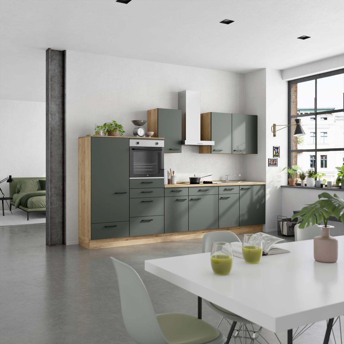 Küchenleerblock Easytouch Low-Line, L8 Links - Dunkelgrün/Eichefarben, MODERN, Holzwerkstoff (330cm) - Nobilia