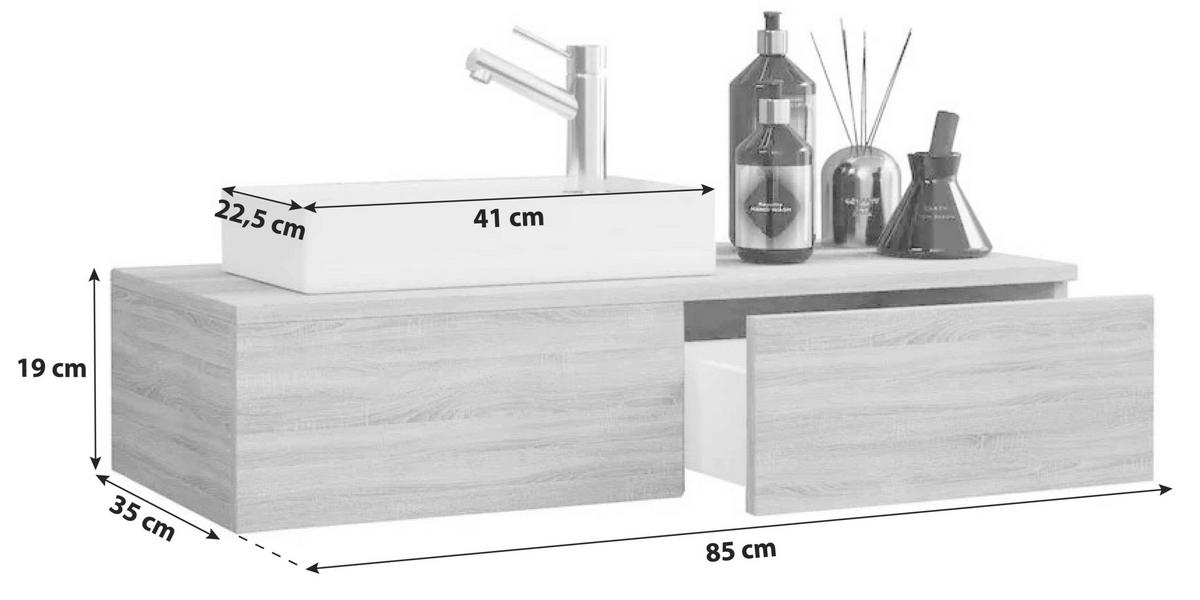Waschbecken mit Unterschrank Gudas 85 cm, Sonoma Eiche - Weiß/Sonoma Eiche, Basics, Keramik/Holzwerkstoff (85cm) - MID.YOU