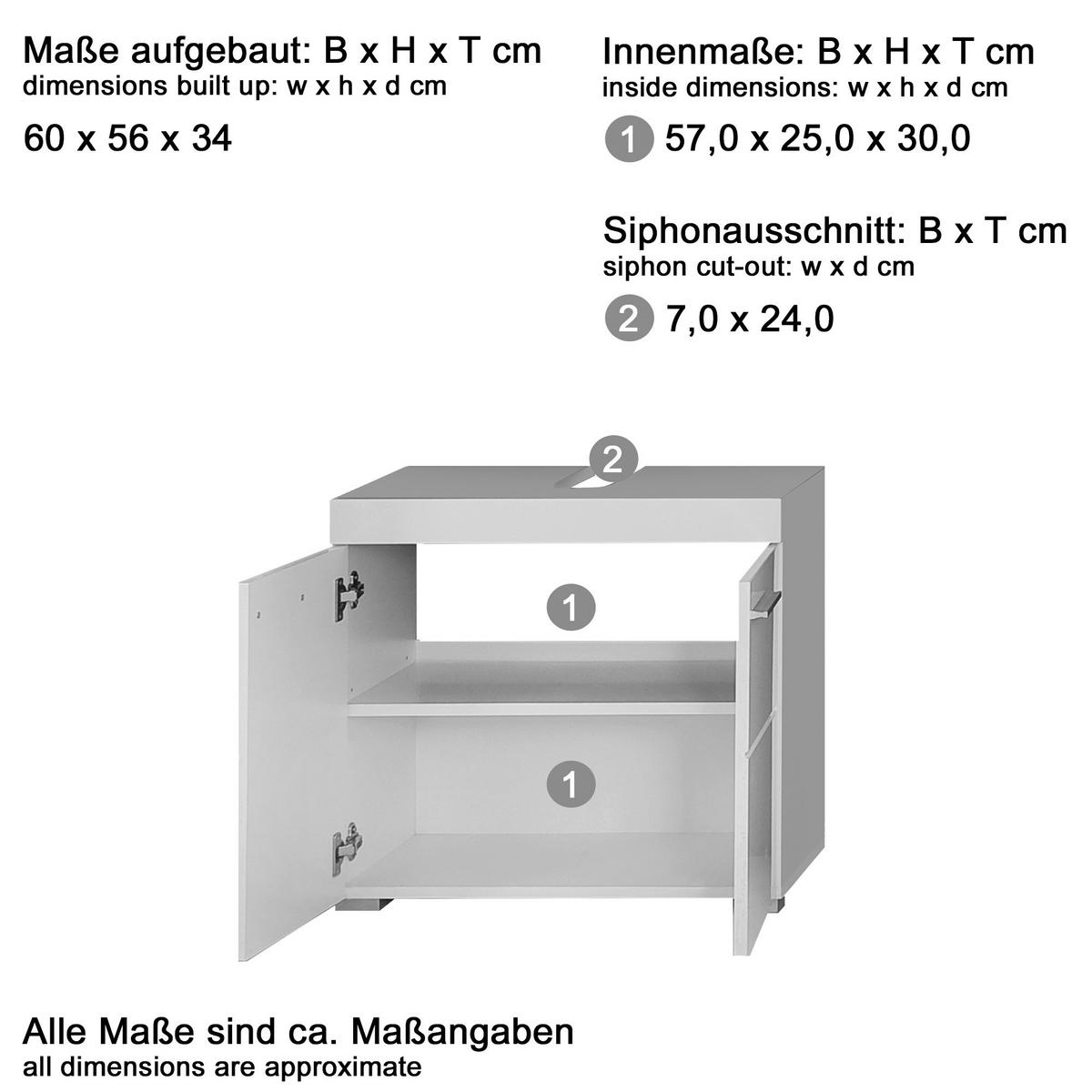 Waschbeckenunterschrank Amanda B: 60 cm Weiss - Silberfarben/Weiß, MODERN, Holzwerkstoff (60/56/34cm) - MID.YOU