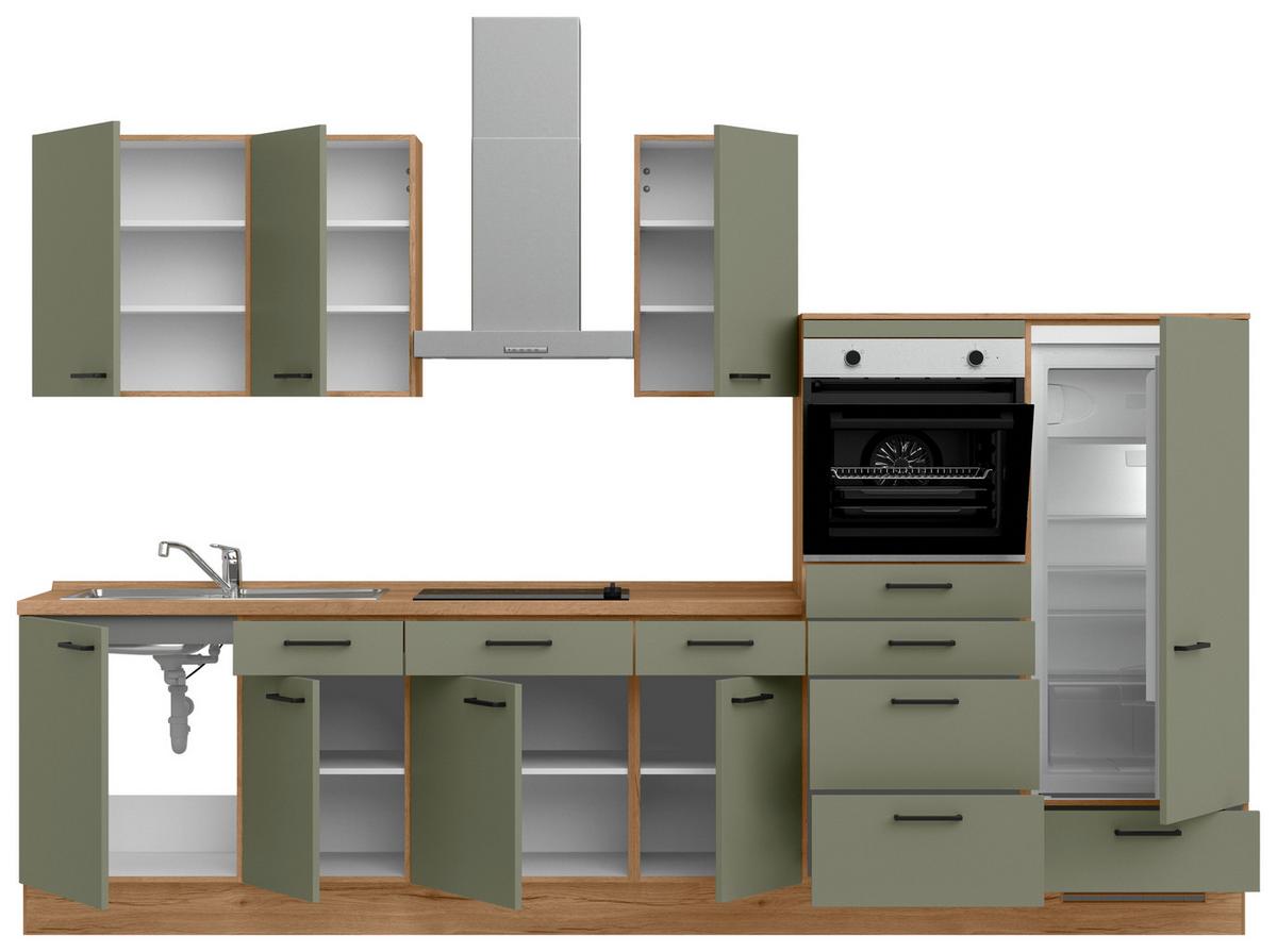 Kuchyňská linka 330 cm olivově zelená - barvy dubu/černá, Moderní, kov/kompozitní dřevo (330cm) - Nobilia