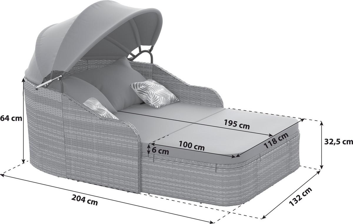 Sonneninsel Rio Grau/Schwarz Metall/Kunststoff/Textil +dach - Schwarz/Grau, MODERN, Kunststoff/Textil (206/132/64cm) - Beldano