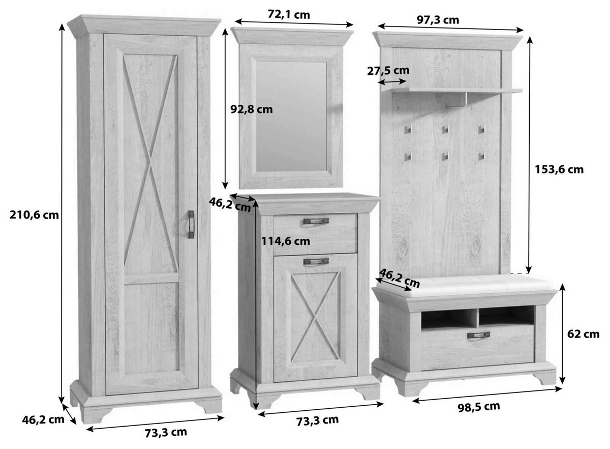Garderoben-Set Kashmir Pinien Dekor 5--teilig. Mit Spiegel - Weiß/Pinienfarben, Basics, Holzwerkstoff/Kunststoff (265/210,6/46,2cm) - Livetastic