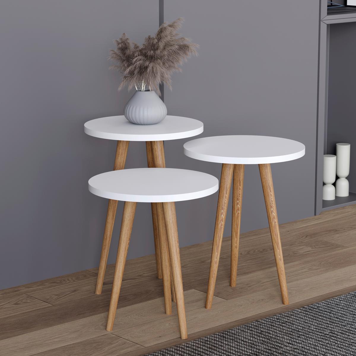 Beistelltischset Barilo Weiß, Honigeiche Dekor 3--teilig - Honigeiche/Weiß, Design, Holzwerkstoff (34/34/42-47-52cm) - MID.YOU