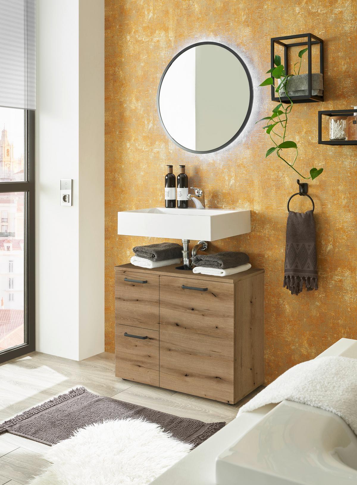 Waschbeckenunterschrank Vanice B: 70 Cm Eiche Dekor - Eichefarben/Schwarz, MODERN, Holzwerkstoff (70/60/35cm) - MID.YOU