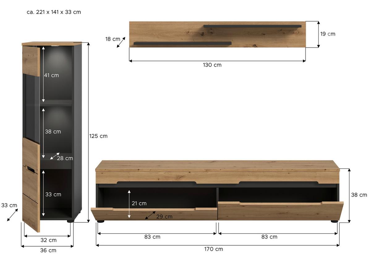 Wohnwand Canu Eiche Artisan Dekor B: 221cm - Schwarz/Eiche Artisan, Design, Holzwerkstoff (221/141/33cm) - Livetastic