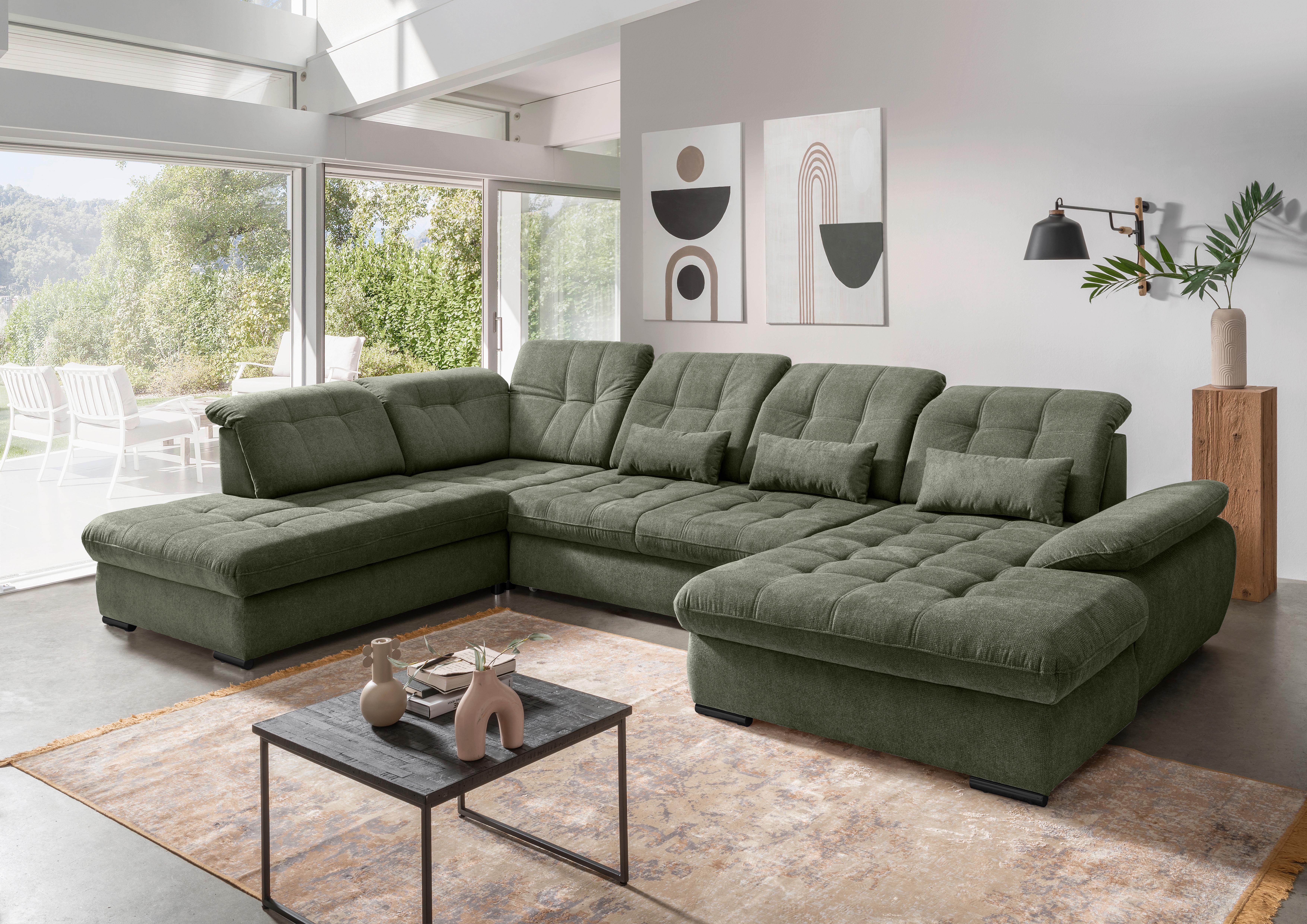 Wohnlandschaft mit Bettkasten Rigatti Dunkelgrün B: 387 cm - Dunkelgrün/Schwarz, MODERN, Textil (252/387/184cm) - Livetastic