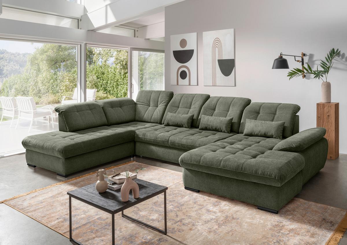 Wohnlandschaft Mit Bettkasten Rigatti Dunkelgrün B: 387 Cm - Dunkelgrün/Schwarz, MODERN, Textil (252/387/184cm) - Livetastic