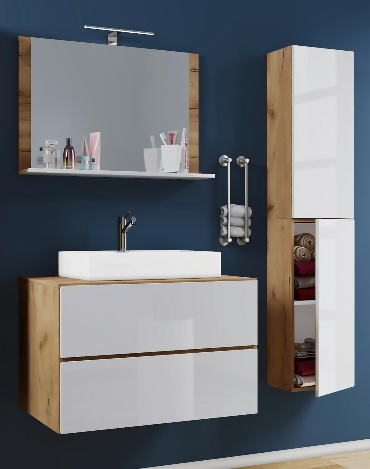 Badezimmer Lendas 4-Teilig Weiß B:114 Cm - Honigeiche/Weiß, MODERN, Keramik/Holzwerkstoff (114cm) - MID.YOU